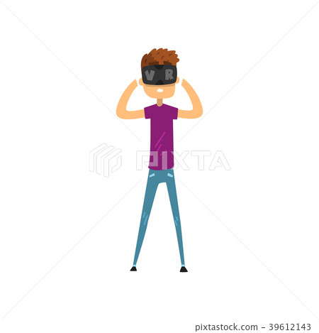 Young man cartoon character using virtual reality 39612143