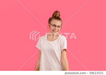 lady with hair-raising and round funny glasses is lady with hair-raising and round funny glasses is 39613531