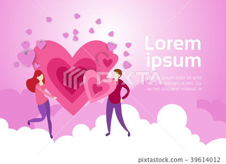 Couple Hold Hands Over Heart Shape On Pink Clouds - Stock Illustration ...