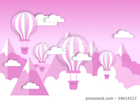 Retro Air Balloon Over Pink Clouds And Mountains Retro Air Balloon Over Pink Clouds And Mountains 39614317