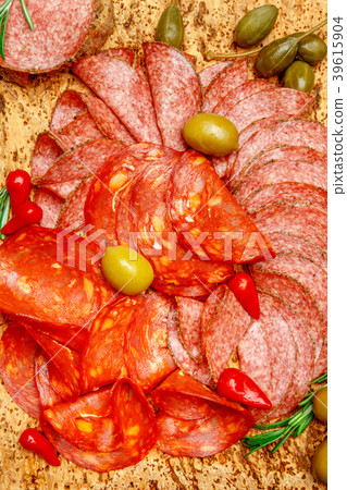 Cold meat plate with salami and chorizo sausage on Cold meat plate with salami and chorizo sausage on 39615904