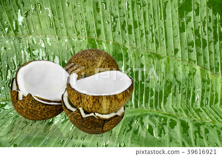 Fresh coconut on banana leaves background. Fresh coconut on banana leaves background. 39616921