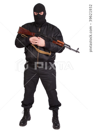 robber in black uniform and mask with kalashnikov isolated robber in black uniform and mask with kalashnikov isolated 39621932