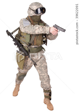 US soldier with hand gun on white background US soldier with hand gun on white background 39622091