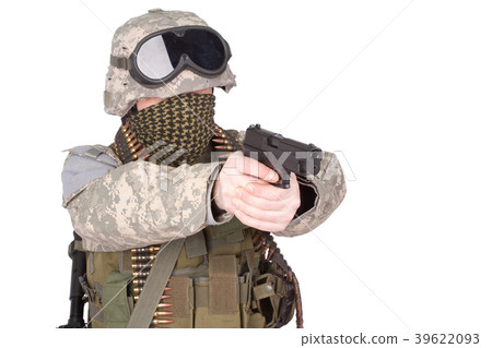 US soldier with hand gun on white background 39622093