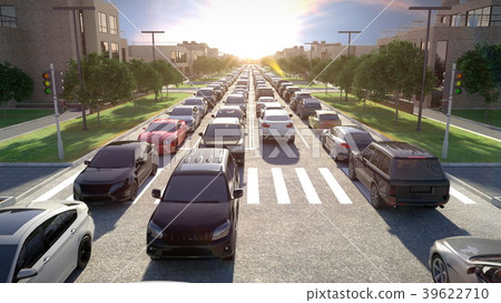Traffic jam, sunset time. 3d illustration. 39622710