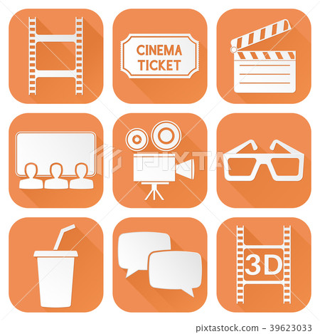 Cinema icons set. Orange square signs with movie 39623033