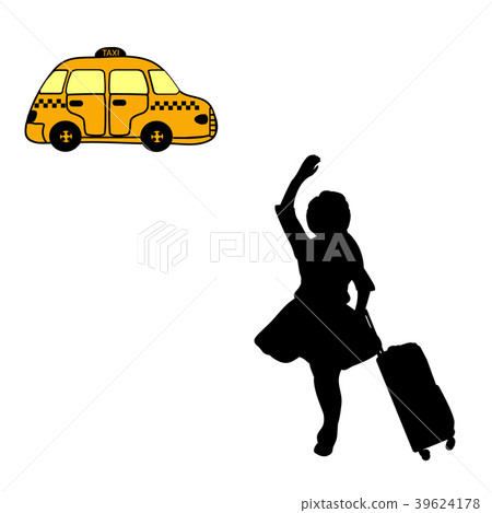 Silhouette girl with suitcase catches taxi Silhouette girl with suitcase catches taxi 39624178