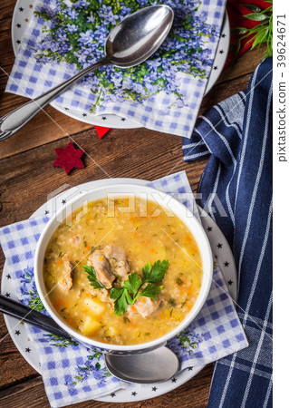 Soup with barley and chicken gizzards. Soup with barley and chicken gizzards. 39624671