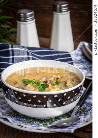 Soup with barley and chicken gizzards. Soup with barley and chicken gizzards. 39624674