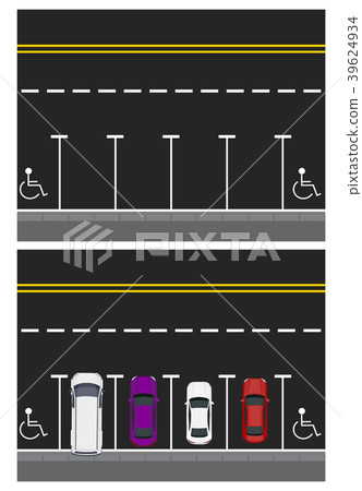 Two pictures. Colored parked cars, road, top view Two pictures. Colored parked cars, road, top view 39624934