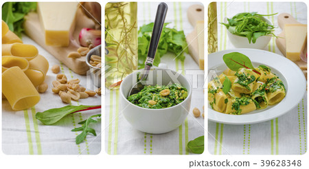 Rigatoni with garlic and herbs pesto - collage 39628348