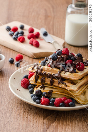 Homemade belgian waffles with fruit and