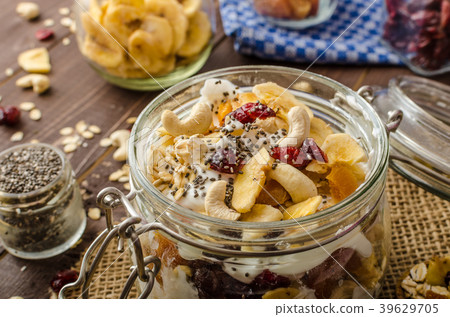Homemade yogurt with granola, dried fruit and nuts bio Homemade yogurt with granola, dried fruit and nuts bio 39629705