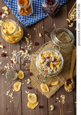 Homemade yogurt with granola, dried fruit and nuts bio Homemade yogurt with granola, dried fruit and nuts bio 39629706