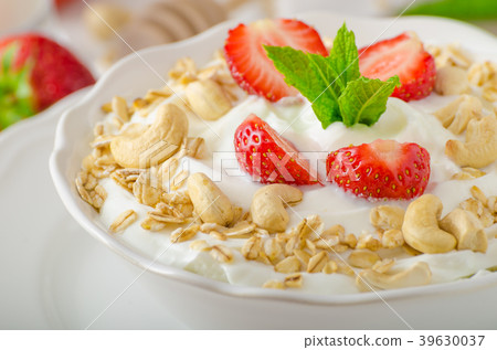 Domestic yogurt with strawberries Domestic yogurt with strawberries 39630037