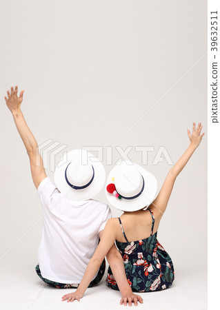 Happy young traveler couple concept photo. set out on a trip to honeymoon, camping and summer vacation concept isolated on white background. 484 Happy young traveler couple concept photo. set out on a trip to honeymoon, camping and summer vacation concept isolated on white background. 484 39632511