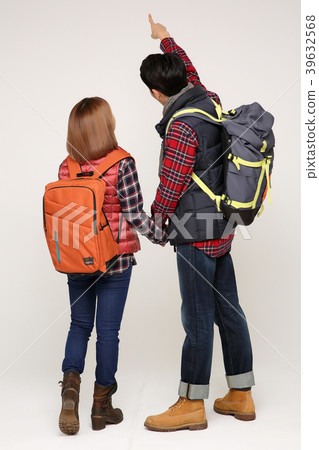 Happy young traveler couple concept photo. set out on a trip to honeymoon, camping and summer vacation concept isolated on white background. 373 39632568
