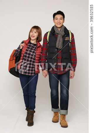 Happy young traveler couple concept photo. set out on a trip to honeymoon, camping and summer vacation concept isolated on white background. 366 Happy young traveler couple concept photo. set out on a trip to honeymoon, camping and summer vacation concept isolated on white background. 366 39632585