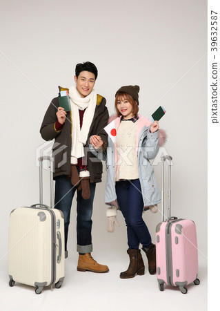 Happy young traveler couple concept photo. set out on a trip to honeymoon, camping and summer vacation concept isolated on white background. 349 Happy young traveler couple concept photo. set out on a trip to honeymoon, camping and summer vacation concept isolated on white background. 349 39632587