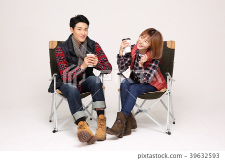 Happy young traveler couple concept photo. set out on a trip to honeymoon, camping and summer vacation concept isolated on white background. 406 39632593