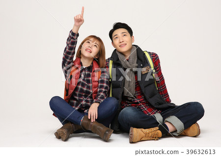 Happy young traveler couple concept photo. set out on a trip to honeymoon, camping and summer vacation concept isolated on white background. 375 Happy young traveler couple concept photo. set out on a trip to honeymoon, camping and summer vacation concept isolated on white background. 375 39632613