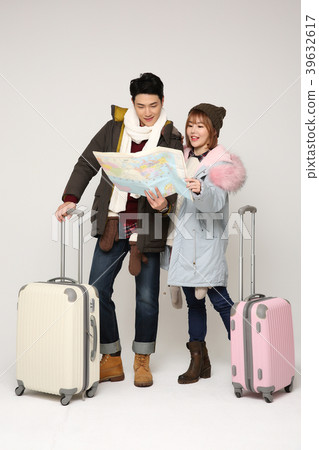 Happy young traveler couple concept photo. set out on a trip to honeymoon, camping and summer vacation concept isolated on white background. 339 Happy young traveler couple concept photo. set out on a trip to honeymoon, camping and summer vacation concept isolated on white background. 339 39632617