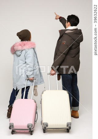 Happy young traveler couple concept photo. set out on a trip to honeymoon, camping and summer vacation concept isolated on white background. 334 Happy young traveler couple concept photo. set out on a trip to honeymoon, camping and summer vacation concept isolated on white background. 334 39632622