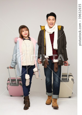 Happy young traveler couple concept photo. set out on a trip to honeymoon, camping and summer vacation concept isolated on white background. 329 Happy young traveler couple concept photo. set out on a trip to honeymoon, camping and summer vacation concept isolated on white background. 329 39632635