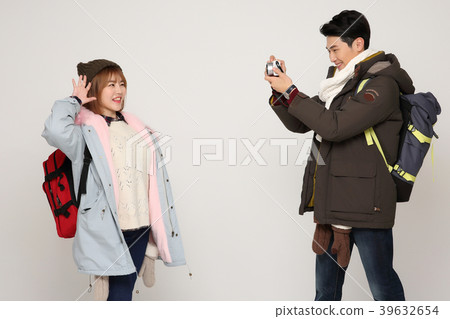 Happy young traveler couple concept photo. set out on a trip to honeymoon, camping and summer vacation concept isolated on white background. 309 Happy young traveler couple concept photo. set out on a trip to honeymoon, camping and summer vacation concept isolated on white background. 309 39632654