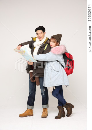Happy young traveler couple concept photo. set out on a trip to honeymoon, camping and summer vacation concept isolated on white background. 277 Happy young traveler couple concept photo. set out on a trip to honeymoon, camping and summer vacation concept isolated on white background. 277 39632674