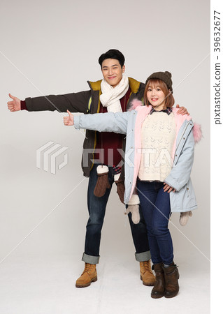 Happy young traveler couple concept photo. set out on a trip to honeymoon, camping and summer vacation concept isolated on white background. 265 39632677