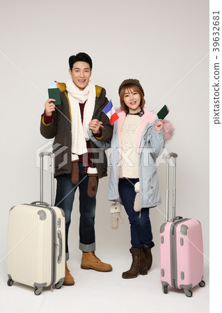 Happy young traveler couple concept photo. set out on a trip to honeymoon, camping and summer vacation concept isolated on white background. 347 Happy young traveler couple concept photo. set out on a trip to honeymoon, camping and summer vacation concept isolated on white background. 347 39632681