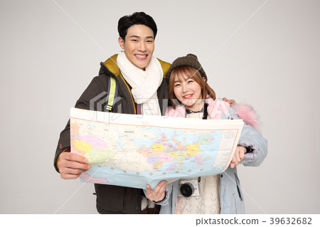 Happy young traveler couple concept photo. set out on a trip to honeymoon, camping and summer vacation concept isolated on white background. 285 Happy young traveler couple concept photo. set out on a trip to honeymoon, camping and summer vacation concept isolated on white background. 285 39632682