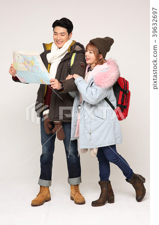 Happy young traveler couple concept photo. set out on a trip to honeymoon, camping and summer vacation concept isolated on white background. 278 Happy young traveler couple concept photo. set out on a trip to honeymoon, camping and summer vacation concept isolated on white background. 278 39632697