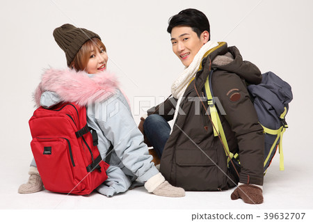 Happy young traveler couple concept photo. set out on a trip to honeymoon, camping and summer vacation concept isolated on white background. 257 Happy young traveler couple concept photo. set out on a trip to honeymoon, camping and summer vacation concept isolated on white background. 257 39632707