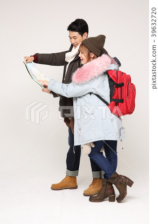 Happy young traveler couple concept photo. set out on a trip to honeymoon, camping and summer vacation concept isolated on white background. 276 Happy young traveler couple concept photo. set out on a trip to honeymoon, camping and summer vacation concept isolated on white background. 276 39632720