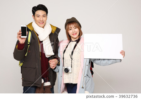 Happy young traveler couple concept photo. set out on a trip to honeymoon, camping and summer vacation concept isolated on white background. 299 Happy young traveler couple concept photo. set out on a trip to honeymoon, camping and summer vacation concept isolated on white background. 299 39632736