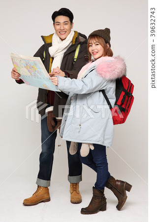 Happy young traveler couple concept photo. set out on a trip to honeymoon, camping and summer vacation concept isolated on white background. 281 Happy young traveler couple concept photo. set out on a trip to honeymoon, camping and summer vacation concept isolated on white background. 281 39632743