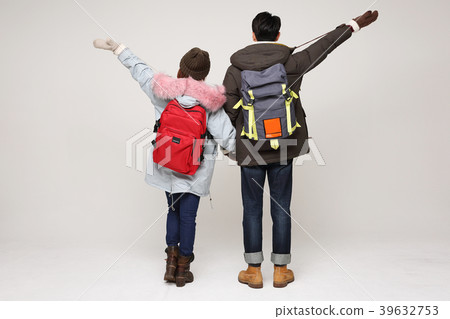 Happy young traveler couple concept photo. set out on a trip to honeymoon, camping and summer vacation concept isolated on white background. 236 39632753
