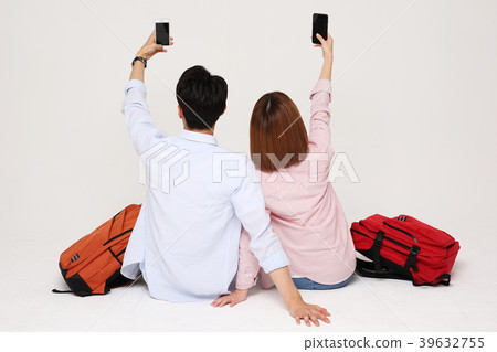 Happy young traveler couple concept photo. set out on a trip to honeymoon, camping and summer vacation concept isolated on white background. 205 39632755