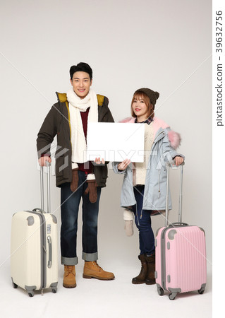 Happy young traveler couple concept photo. set out on a trip to honeymoon, camping and summer vacation concept isolated on white background. 351 Happy young traveler couple concept photo. set out on a trip to honeymoon, camping and summer vacation concept isolated on white background. 351 39632756