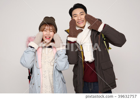 Happy young traveler couple concept photo. set out on a trip to honeymoon, camping and summer vacation concept isolated on white background. 248 39632757