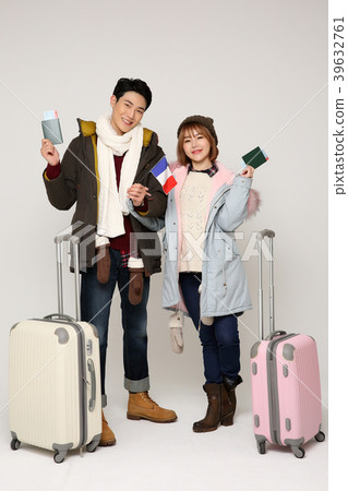 Happy young traveler couple concept photo. set out on a trip to honeymoon, camping and summer vacation concept isolated on white background. 348 Happy young traveler couple concept photo. set out on a trip to honeymoon, camping and summer vacation concept isolated on white background. 348 39632761