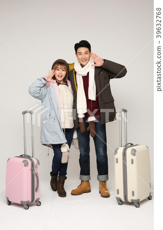 Happy young traveler couple concept photo. set out on a trip to honeymoon, camping and summer vacation concept isolated on white background. 328 Happy young traveler couple concept photo. set out on a trip to honeymoon, camping and summer vacation concept isolated on white background. 328 39632768