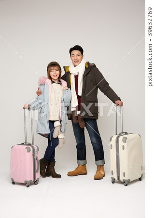 Happy young traveler couple concept photo. set out on a trip to honeymoon, camping and summer vacation concept isolated on white background. 325 Happy young traveler couple concept photo. set out on a trip to honeymoon, camping and summer vacation concept isolated on white background. 325 39632769