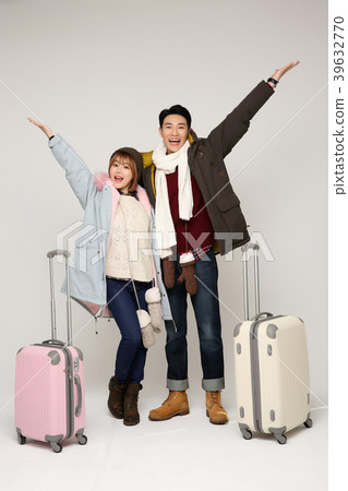 Happy young traveler couple concept photo. set out on a trip to honeymoon, camping and summer vacation concept isolated on white background. 327 Happy young traveler couple concept photo. set out on a trip to honeymoon, camping and summer vacation concept isolated on white background. 327 39632770