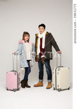 Happy young traveler couple concept photo. set out on a trip to honeymoon, camping and summer vacation concept isolated on white background. 324 Happy young traveler couple concept photo. set out on a trip to honeymoon, camping and summer vacation concept isolated on white background. 324 39632775
