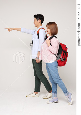 Happy young traveler couple concept photo. set out on a trip to honeymoon, camping and summer vacation concept isolated on white background. 189 Happy young traveler couple concept photo. set out on a trip to honeymoon, camping and summer vacation concept isolated on white background. 189 39632781