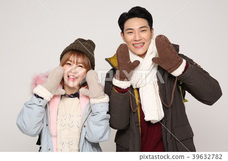 Happy young traveler couple concept photo. set out on a trip to honeymoon, camping and summer vacation concept isolated on white background. 247 39632782